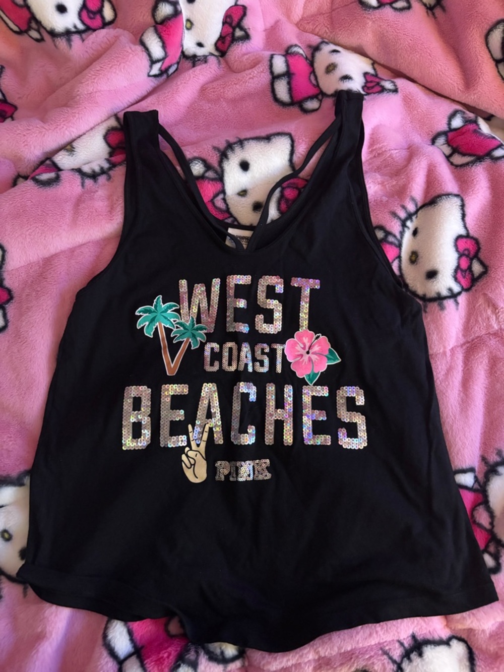 PINK Victoria's Secret Black 'West Coast Beaches' Sequin Tank Top S/M fit